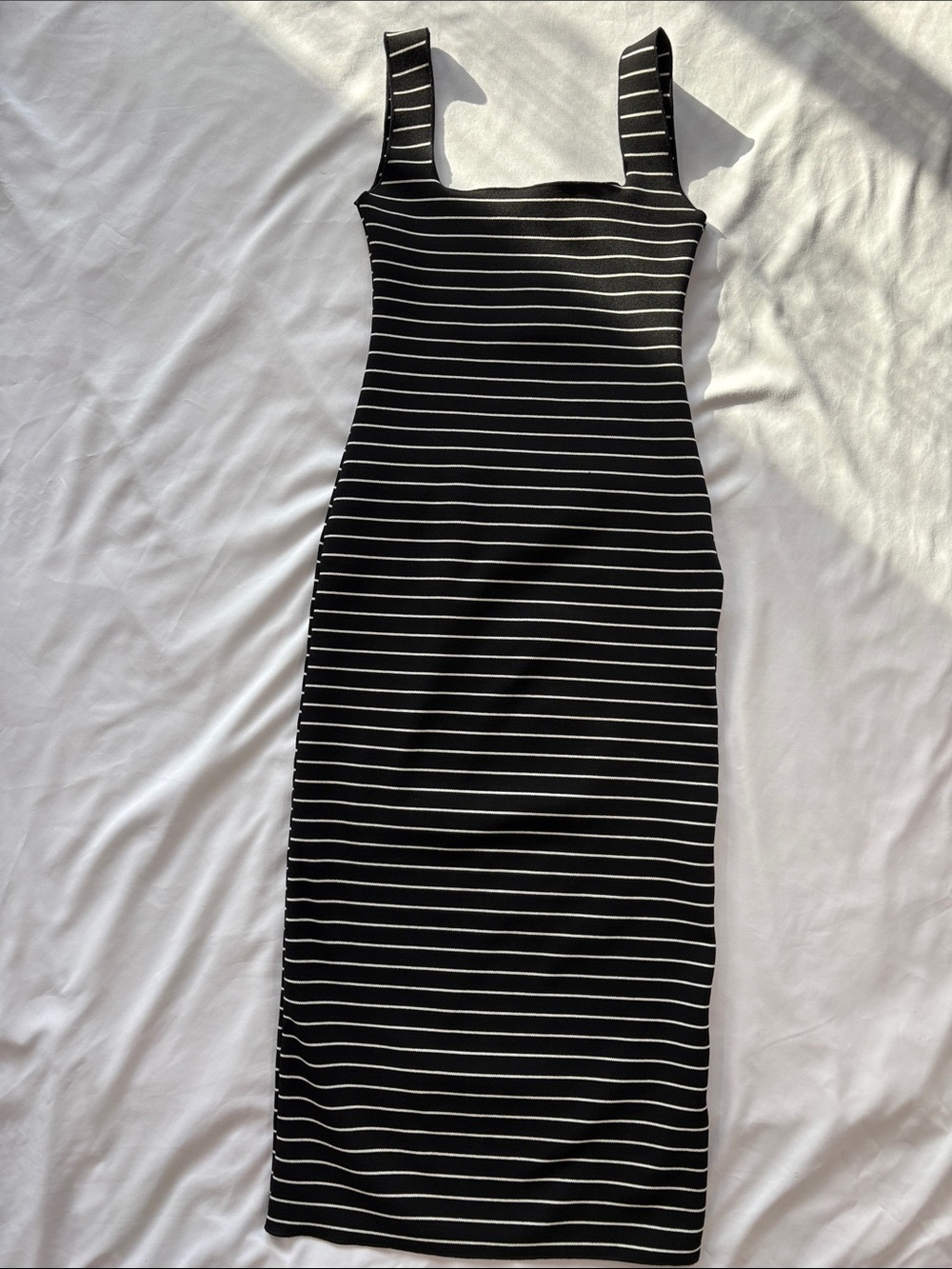 Zara Black & White Striped Square-Neck Midi Dress